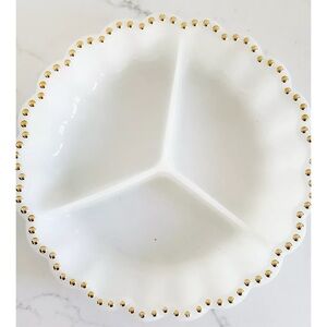 Vintage White Milk Glass Divided Serving Dish Fluted Edge with Gold Accents